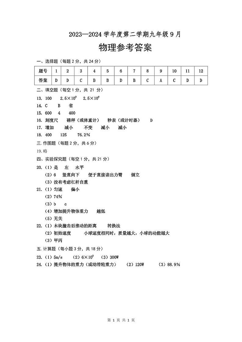 25九年级9月物理参考答案第1页