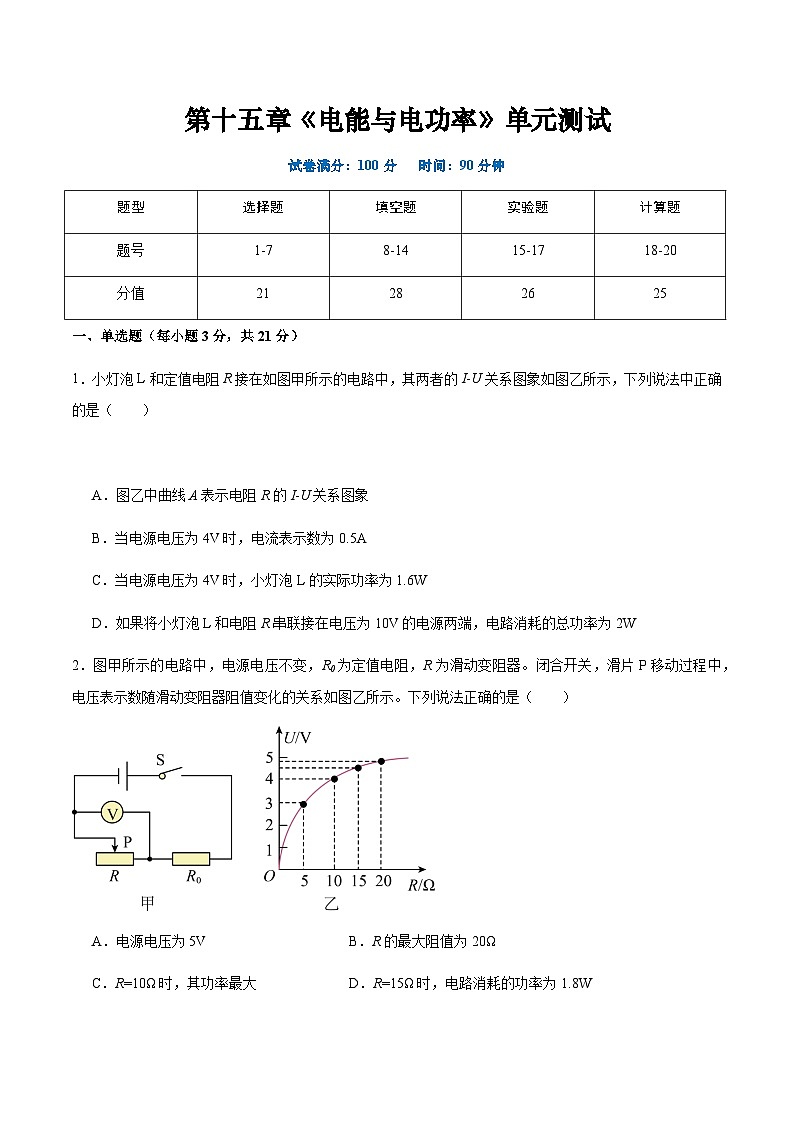 滬粵版九年級(jí)上冊(cè)物理同步精品練習(xí)第十五章《電能與電功率》單元檢測(cè)原卷版+解析第1頁(yè)