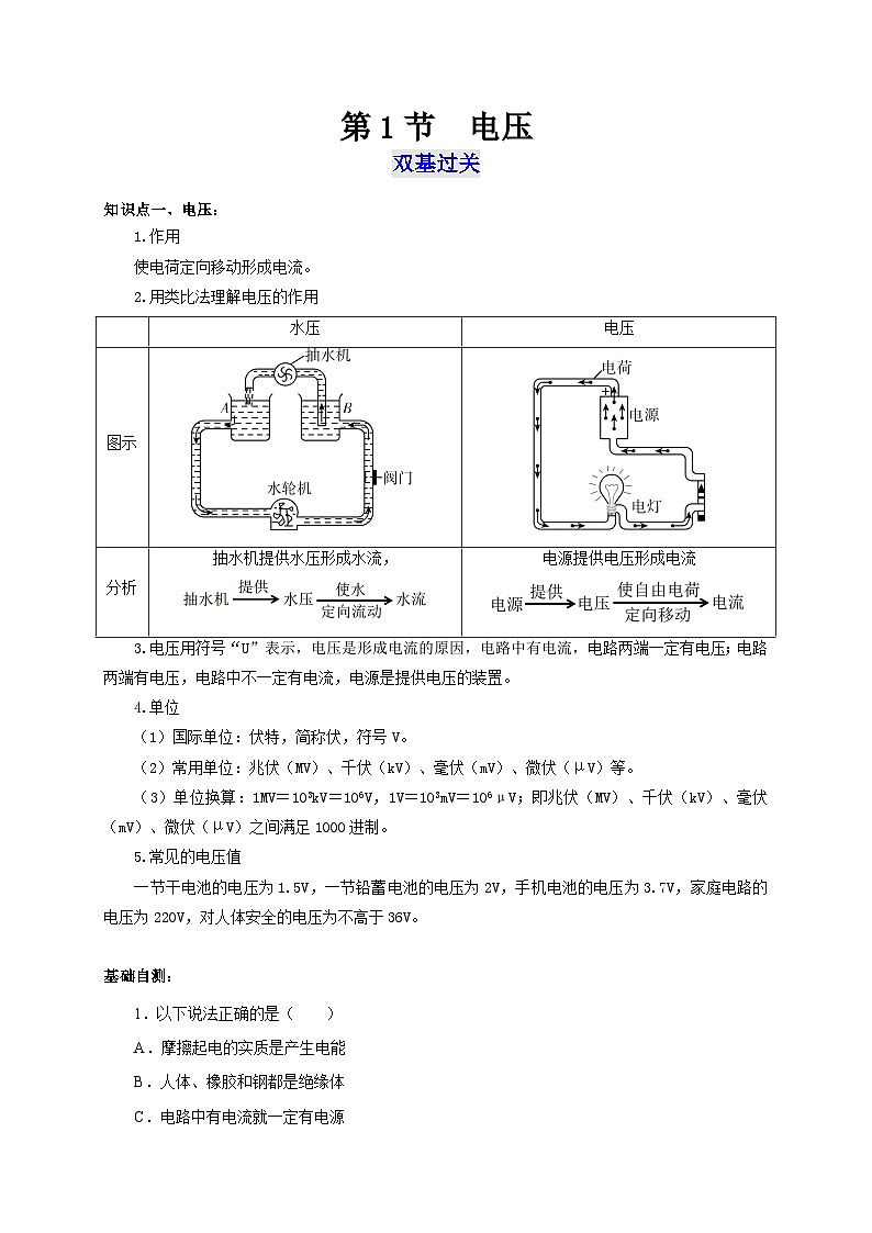 人教版九年級(jí)物理全一冊(cè)通關(guān)講義第1節(jié)電壓(雙基過(guò)關(guān)+考點(diǎn)突破)(原卷版+解析)第1頁(yè)