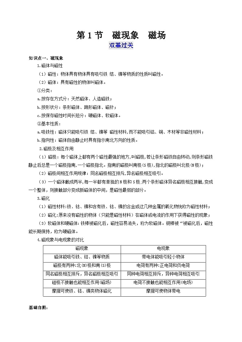 人教版九年级物理全一册通关讲义第1节磁现象磁场(双基过关+考点突破)(原卷版+解析)01