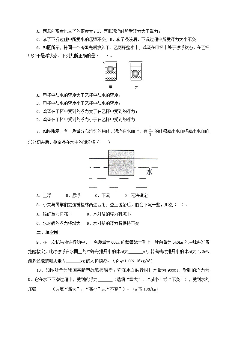 人教版八年級物理下冊同步備課課時10.3物體沉浮的條件(備作業(yè))(原卷版+解析)第2頁