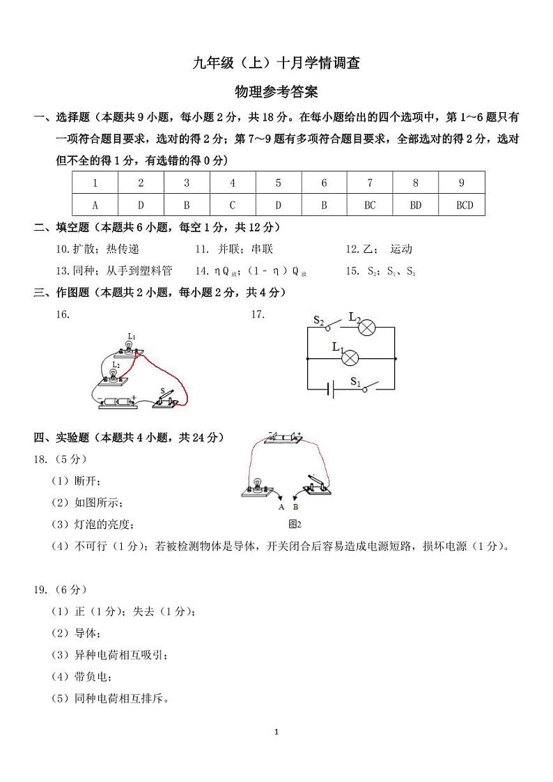 辽宁省大连市甘井子区2024-2025学年九年级上学期10月月考物理试题答案第1页
