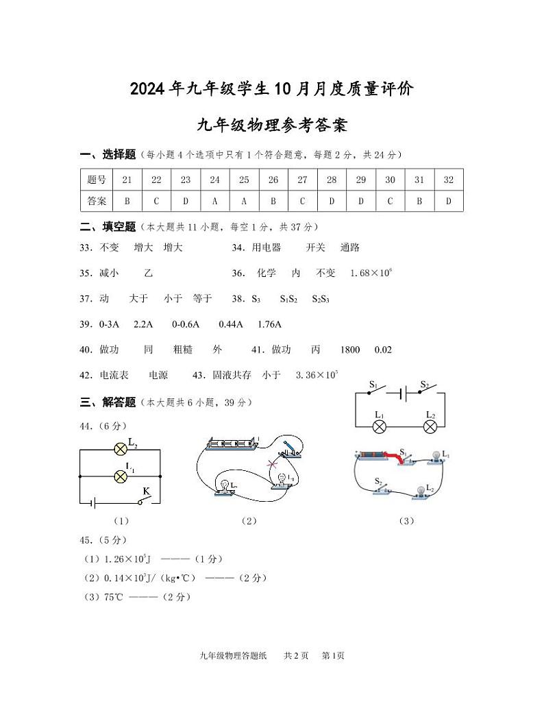 九年级物理10月月度质量评价物理参考答案第1页
