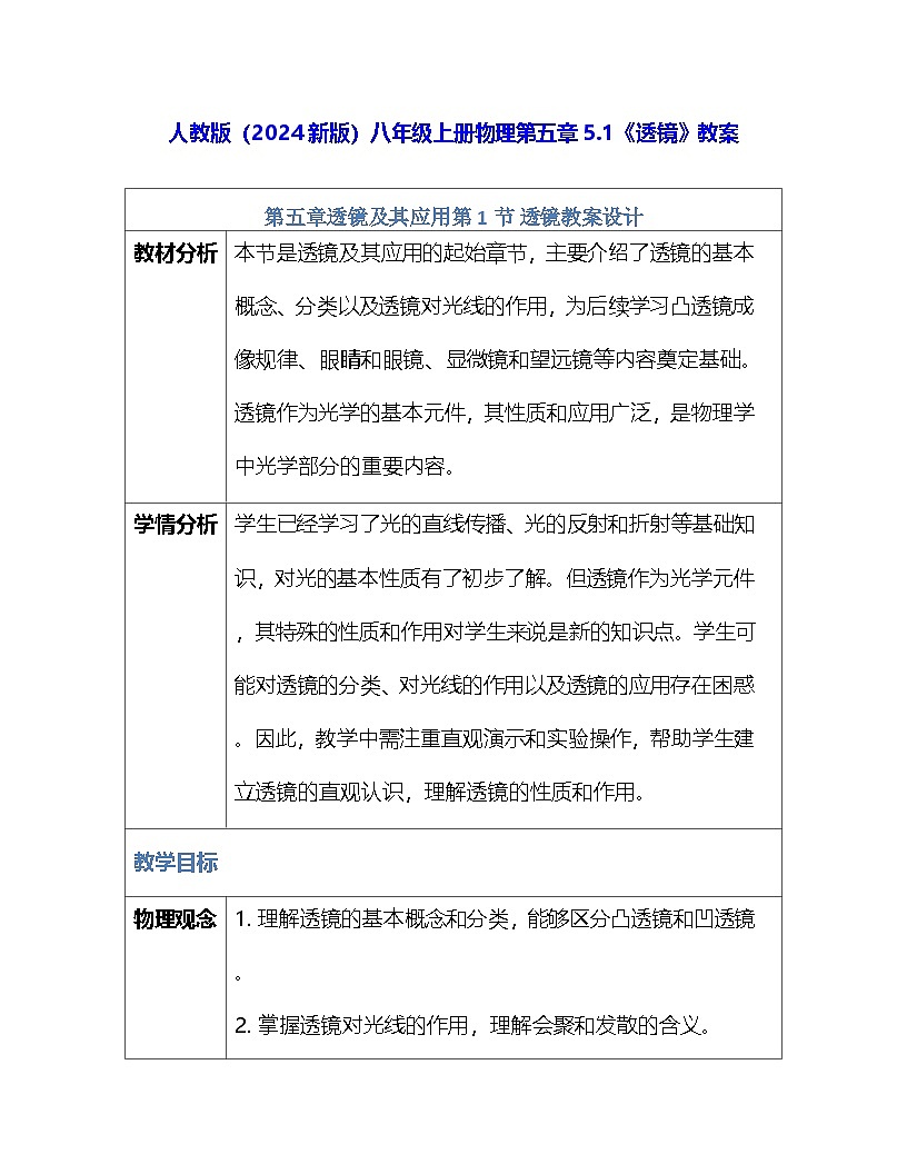人教版(2024新版)八年級上冊物理第五章5.1《透鏡》教案第1頁