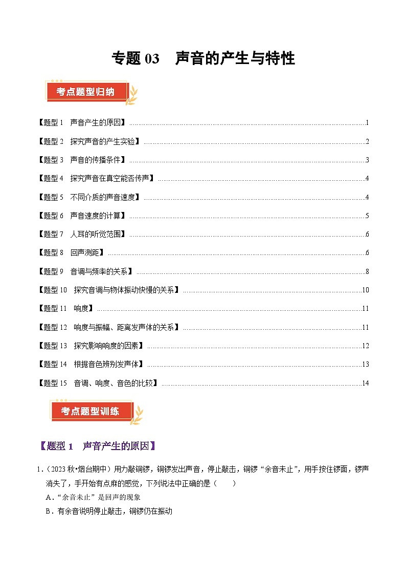 专题03 声音的产生与特性(51题15大类型)(含答案) 2024-2025学年八年级物理上学期期中考点大串讲(鲁科版2024)练习01