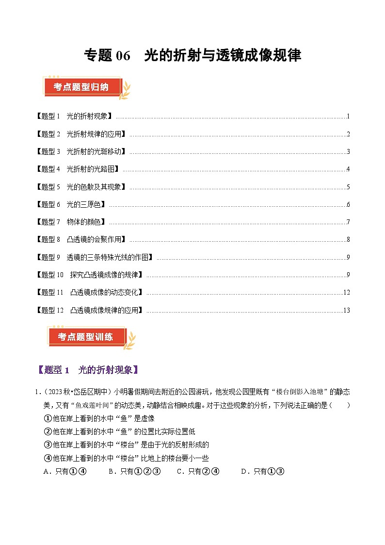 专题06 光的折射与透镜成像规律(54题14大类型)(含答案) 2024-2025学年八年级物理上学期期中考点大串讲(鲁科版2024)练习01