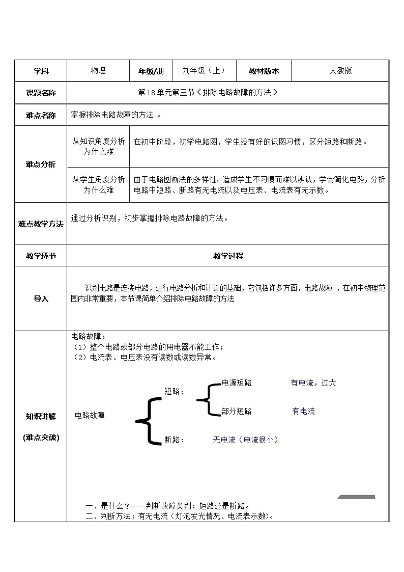 沪科版物理九年级全一册第十四章 第四节 排除电路故障的方法教案01