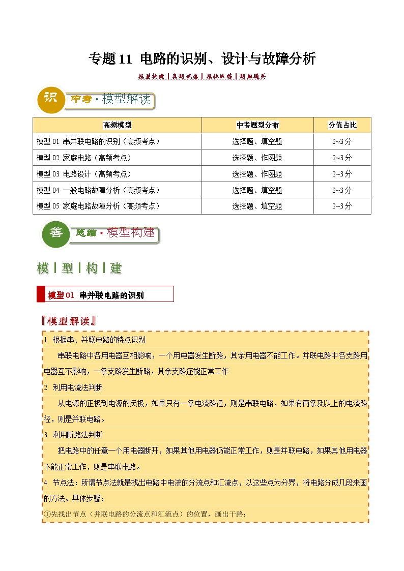 中考物理：答题技巧与模板构建 专题11 电路的识别、设计与故障分析（学案原卷版）