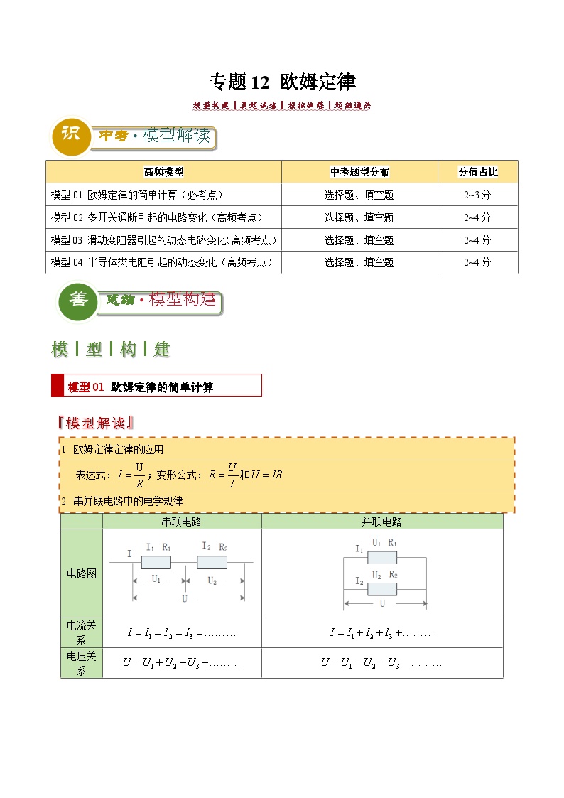 中考物理：答题技巧与模板构建 专题12 欧姆定律（学案原卷版）