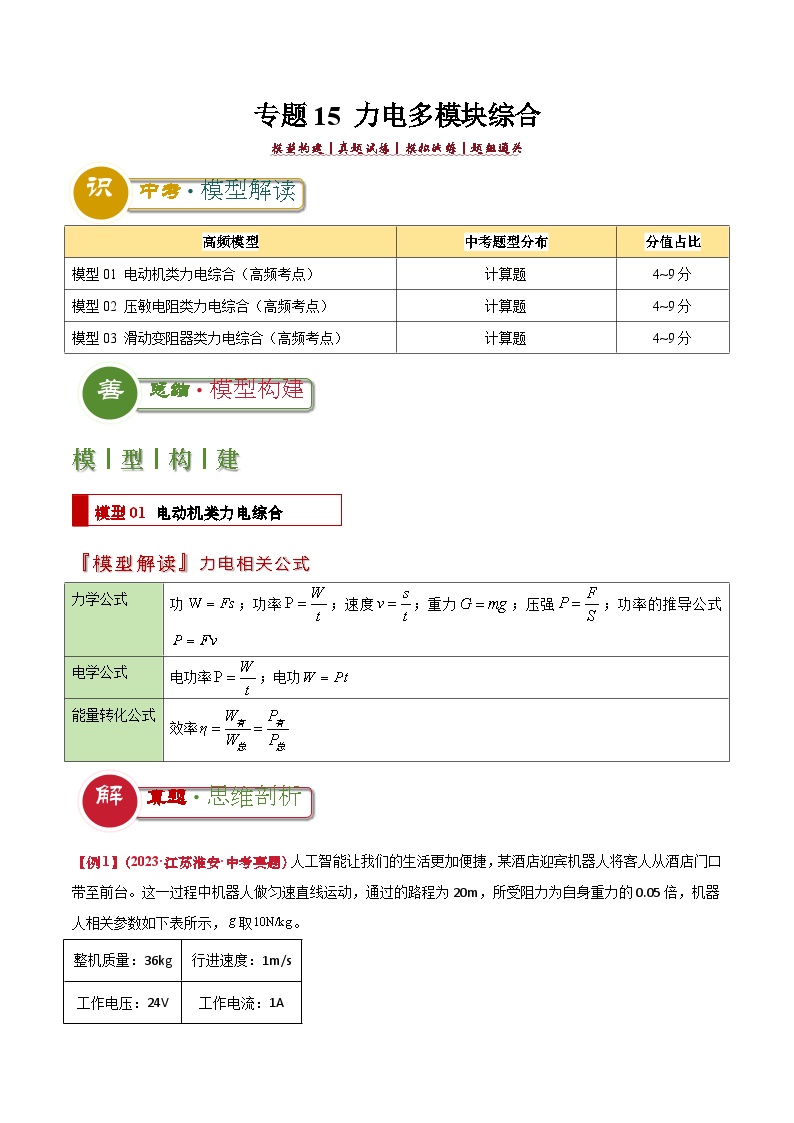 中考物理：答题技巧与模板构建 专题15 力电多模块综合（学案解析版）