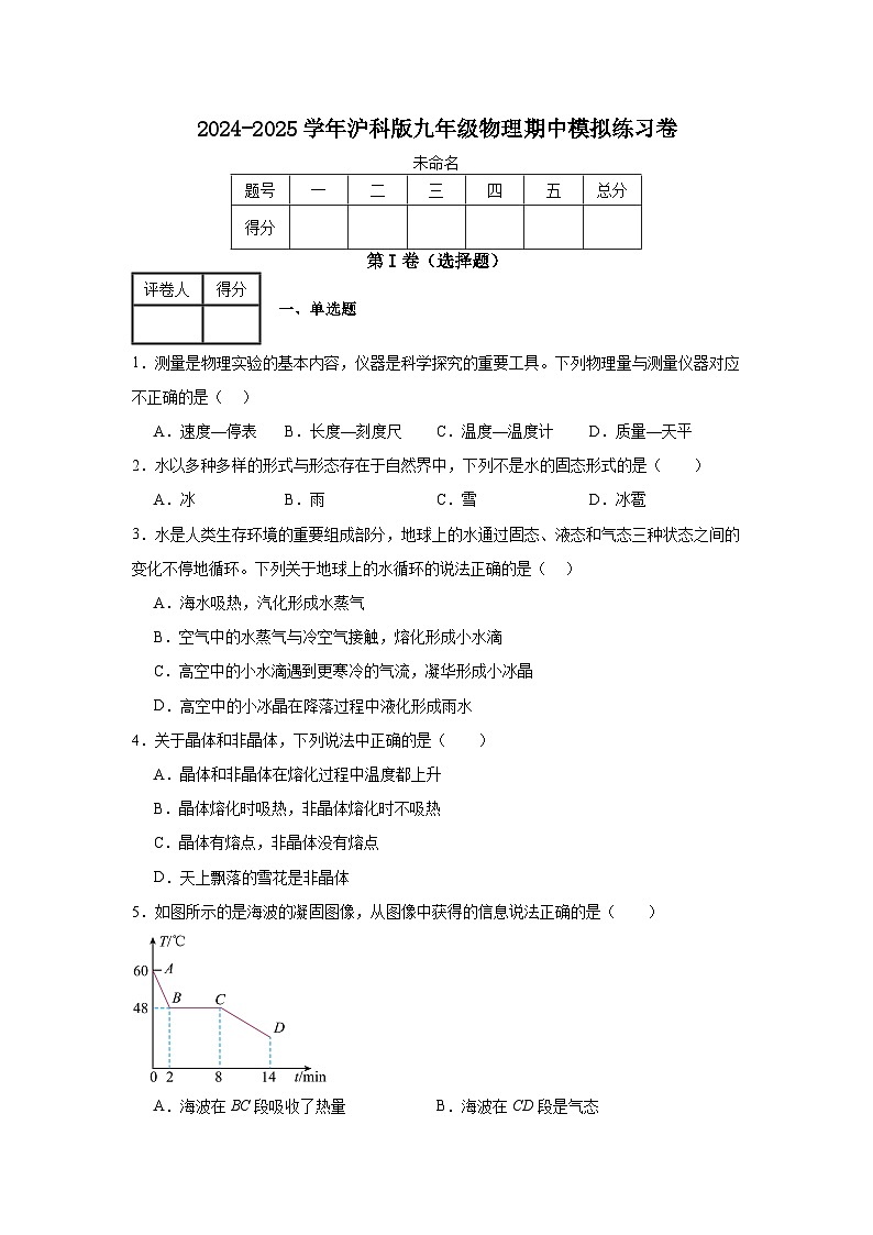 2024-2025学年 沪科版 九年级物理 上学期期中模拟练习卷第1页