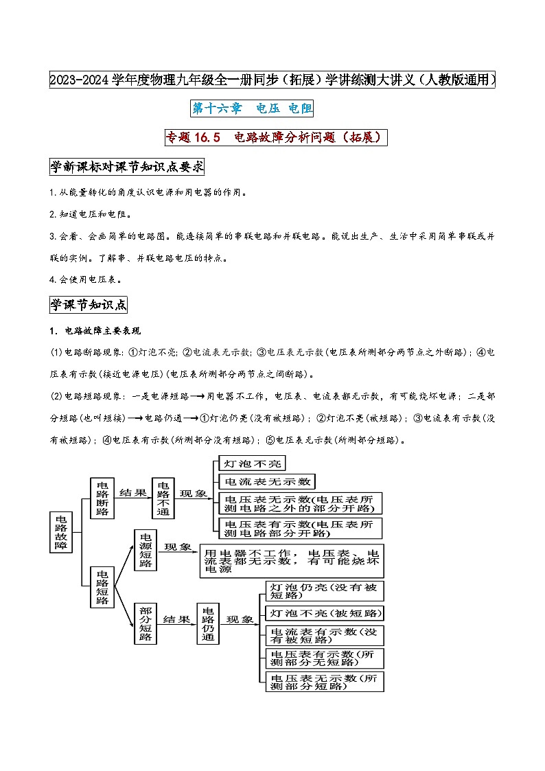 人教版九年级物理全一册同步(拓展)学讲练测大讲义专题16.5电路故障分析问题(拓展)(原卷版+解析)第1页