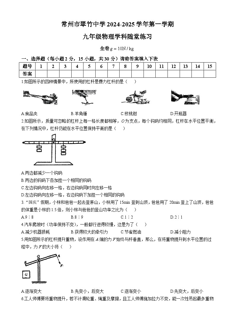 江苏省常州市翠竹中学2024-2025学年九年级上学期10月份考试物理试卷(无答案)第1页
