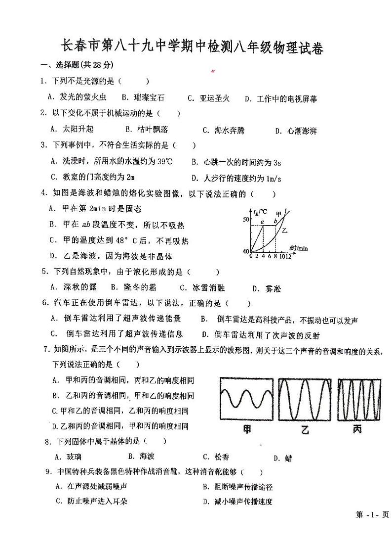 吉林省长春市绿园区长春市第八十九中学2024-2025学年八年级上学期10月期中物理试题第1页