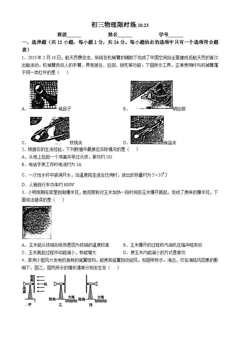 江苏省苏州工业园区东沙湖实验中学2024-2025学年九年级上学期物理随堂测验(10月)01