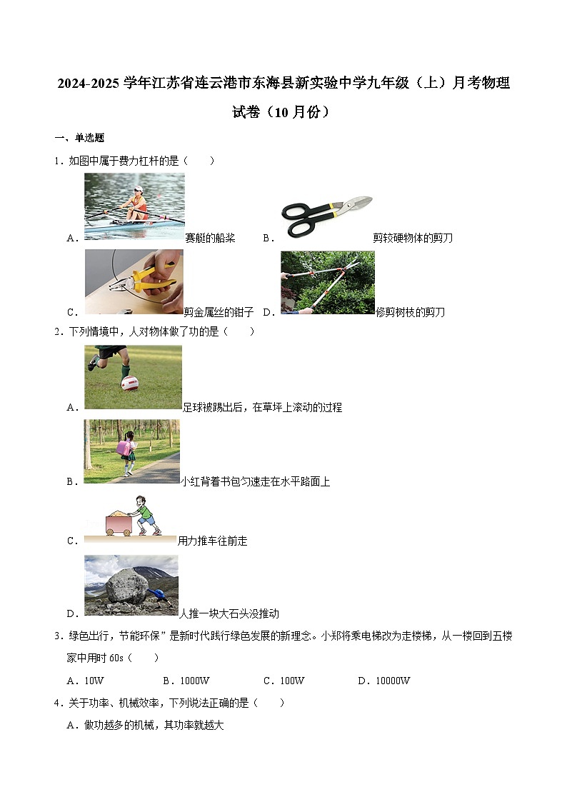 江苏省连云港市东海县新实验中学2024-2025学年九年级上学期月考物理试卷(10月份)第1页