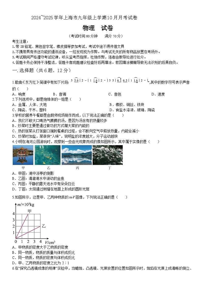 上海市徐汇区2024-2025学年九年级上学期10月月考物理试题第1页