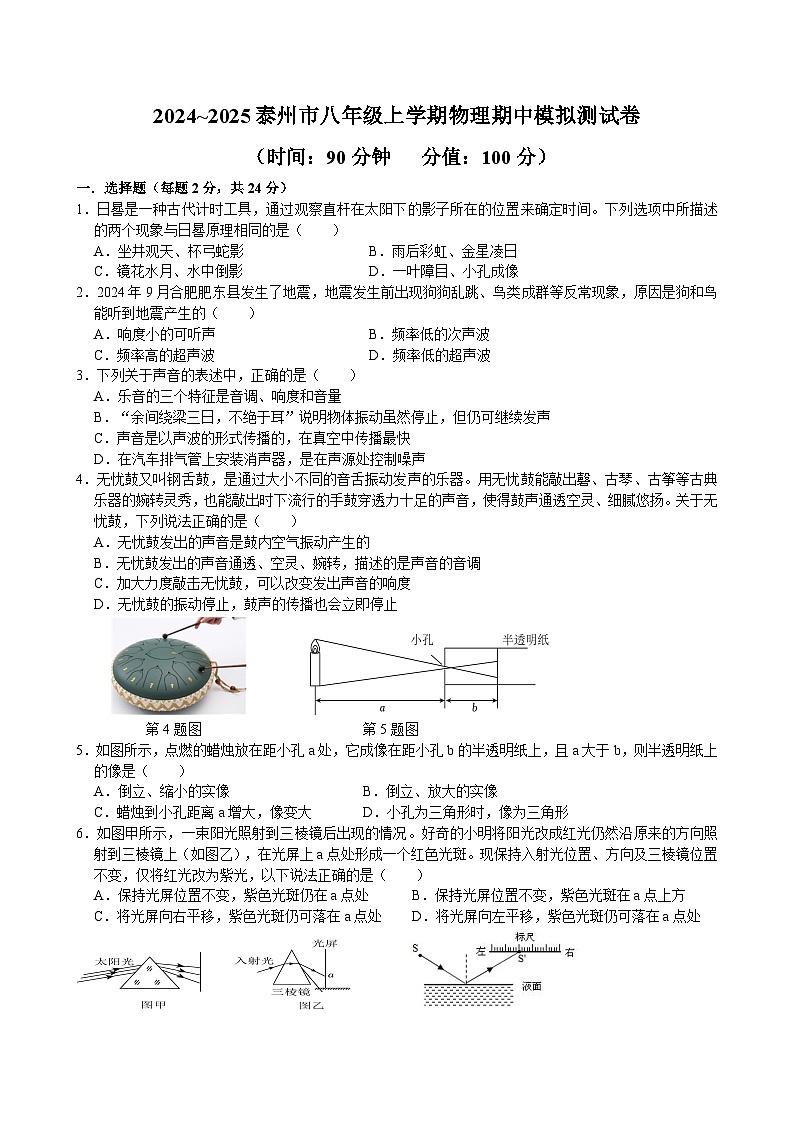 江苏省泰州市2024~2025学年八年级上学期期中模拟物理试卷第1页