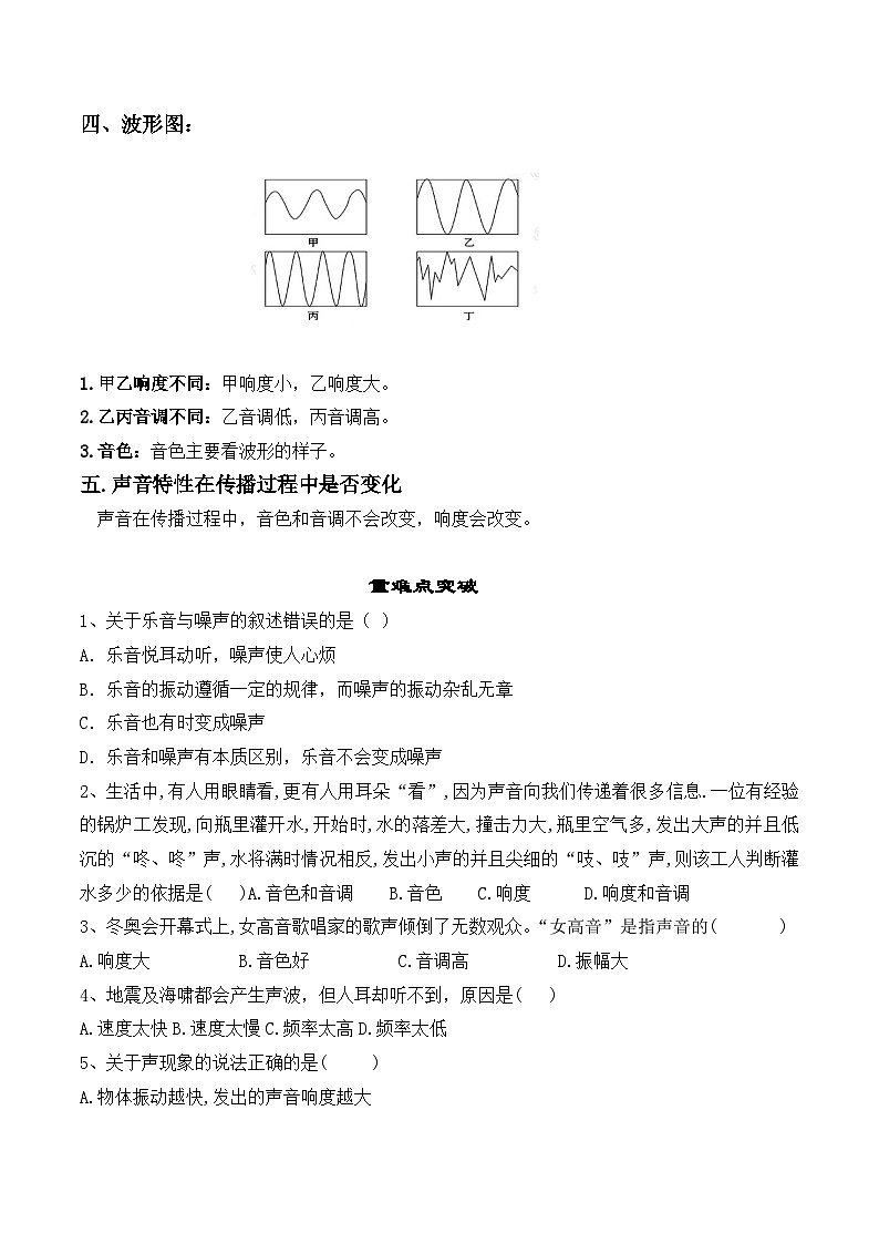 人教版八年級物理上冊教材解讀與重難點突破 2.2聲音的特性-【課堂筆記】同步練習(xí)（附答案）第2頁