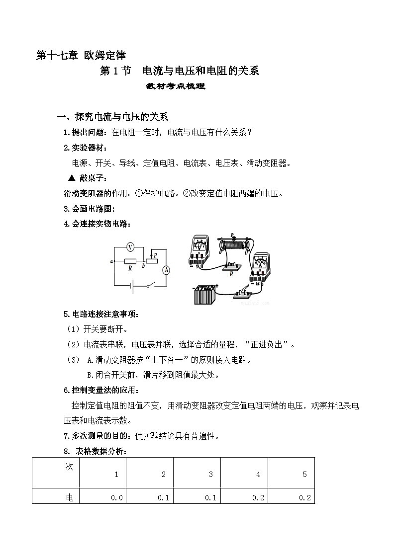 人教版九年级物理全一册教材解读与重难点突破 17.1电流与电压和电阻的关系专项练习(附答案)第1页