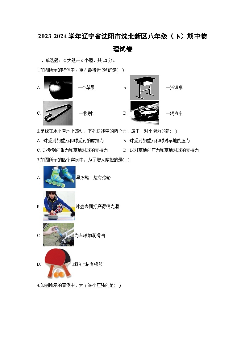 辽宁省沈阳市沈北新区2023-2024学年八年级下学期期中物理物理试卷第1页