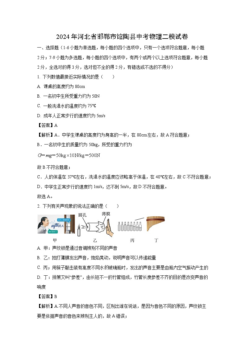 河北省邯郸市馆陶县2024年中考二模物理试卷(解析版)第1页