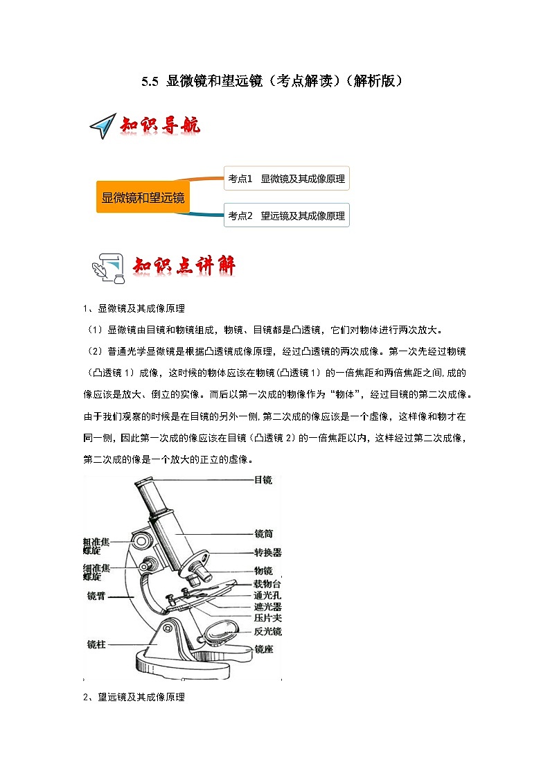 人教版物理八年级上册同步讲义+专题训练5.5 显微镜和望远镜(考点解读)(解析版)第1页