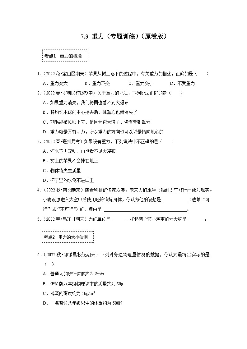 人教版物理八年级下册同步讲义+专题训练7.3 重力(专题训练)(2份,原卷版+解析版)01