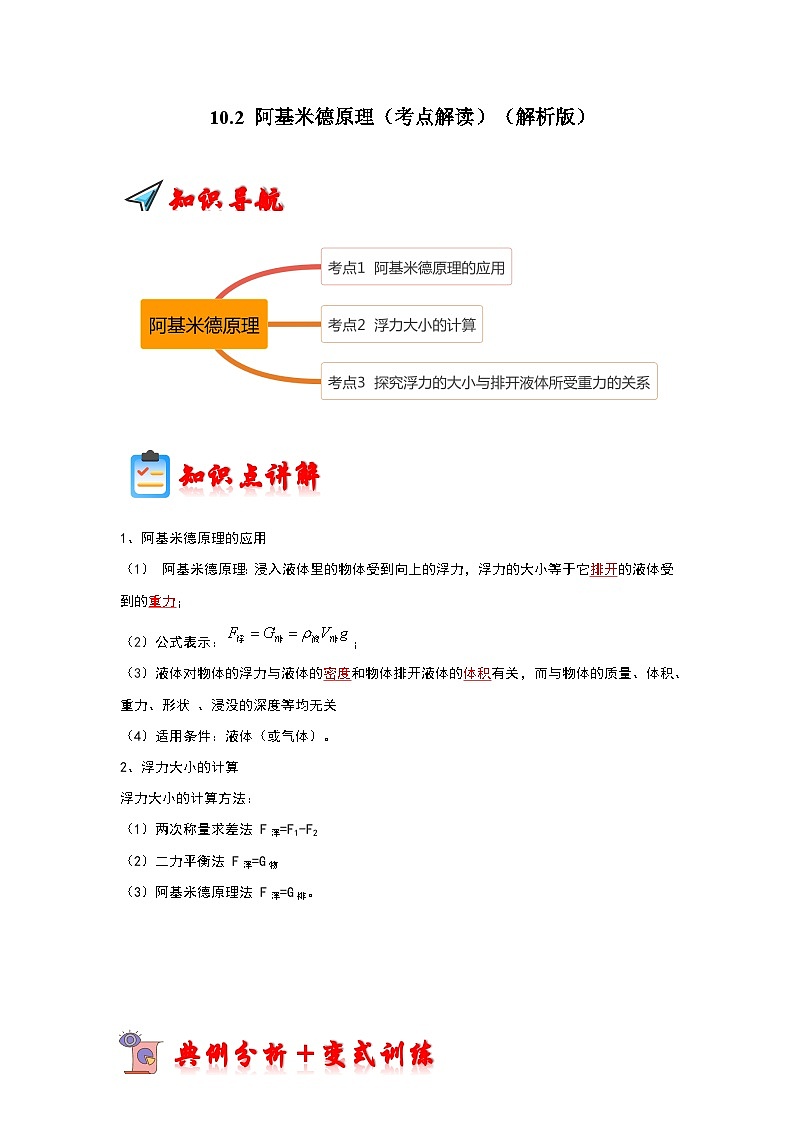 人教版物理八年级下册同步讲义+专题训练10.2 阿基米德原理(考点解读)(解析版)第1页