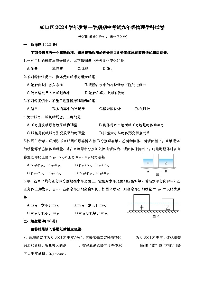 上海市虹口区2024学年第一学期期中考试初三物理试卷-学生版第1页