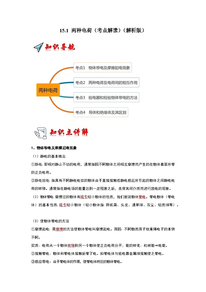人教版物理九年級全冊同步講義+專題練習(xí)15.1 兩種電荷（考點解讀）（解析版）第1頁