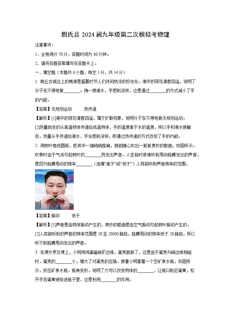 河南省开封市尉氏县2024年中考二模物理试卷(解析版)第1页