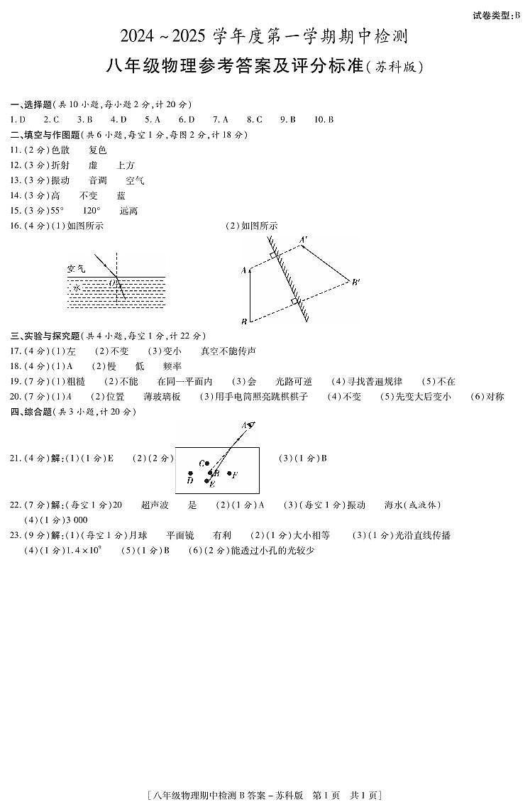 24秋-八年级物理期中检测苏科B答案第1页