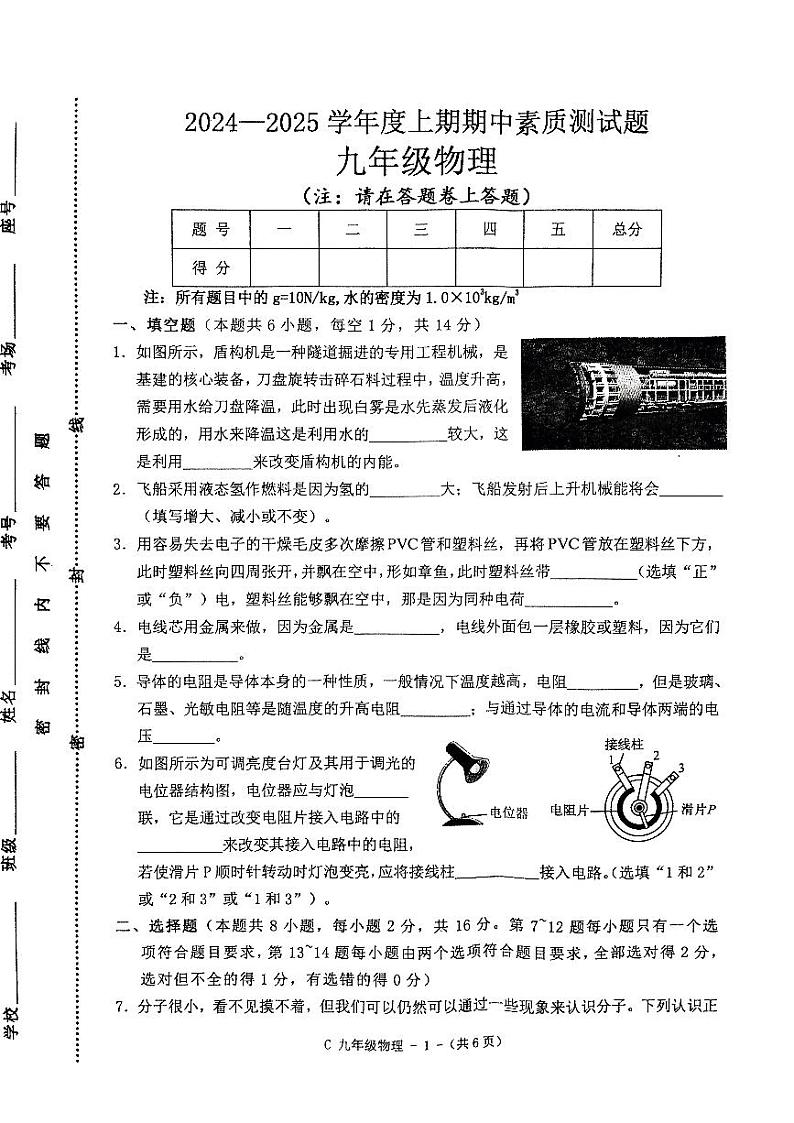 河南省驻马店市确山县2024-2025学年九年级上学期11月期中物理试题01