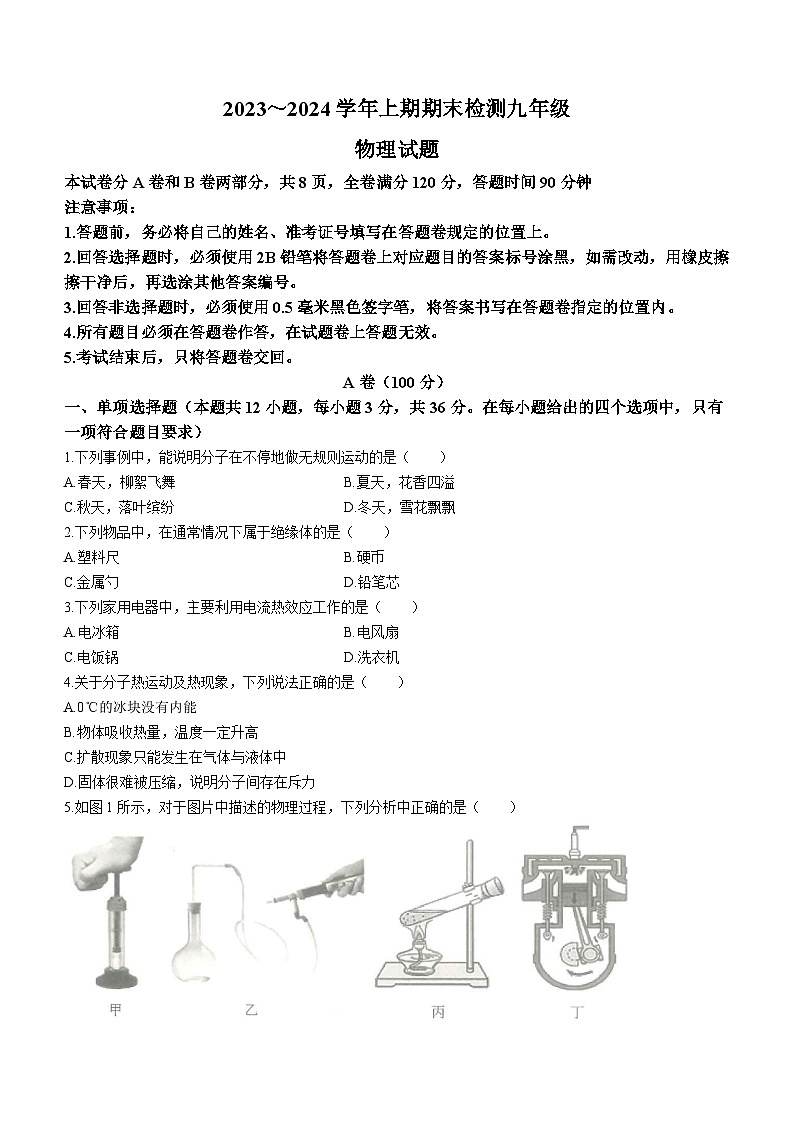 2023-2024学年四川省雅安市九年级(上)期末物理试卷第1页