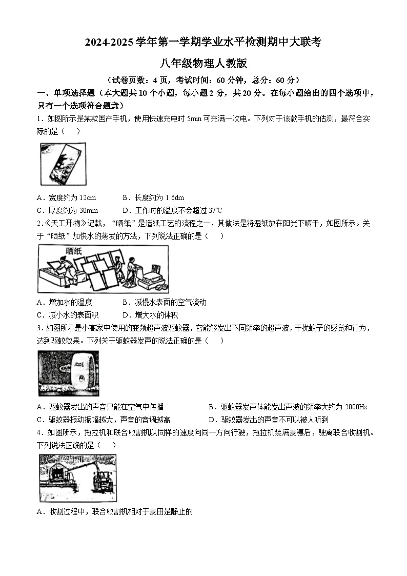 河北省廊坊市广阳区2024-2025学年八年级上学期11月期中物理试题(无答案)