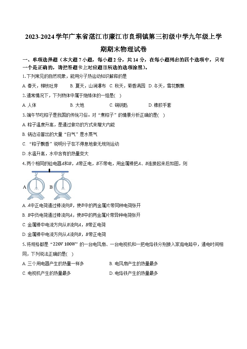 2023-2024学年广东省湛江市廉江市良垌镇第三初级中学九年级上学期期末物理试卷(含答案)第1页