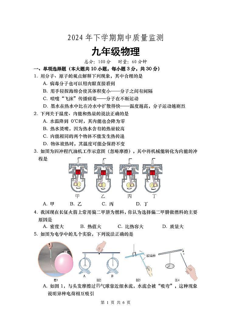 2024年下学期期中质量监测九年级物理试卷第1页