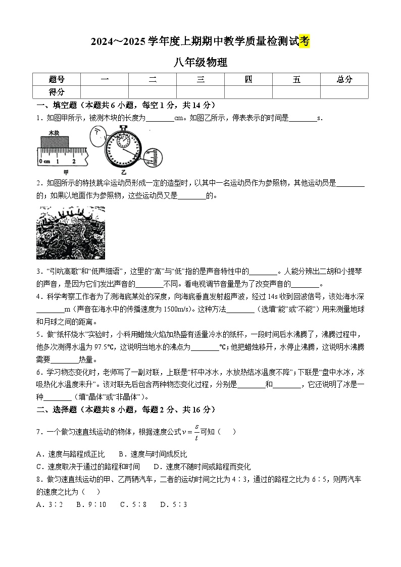 河南省漯河市实验中学2024-2025学年八年级上学期物理期中试卷 (无答案)