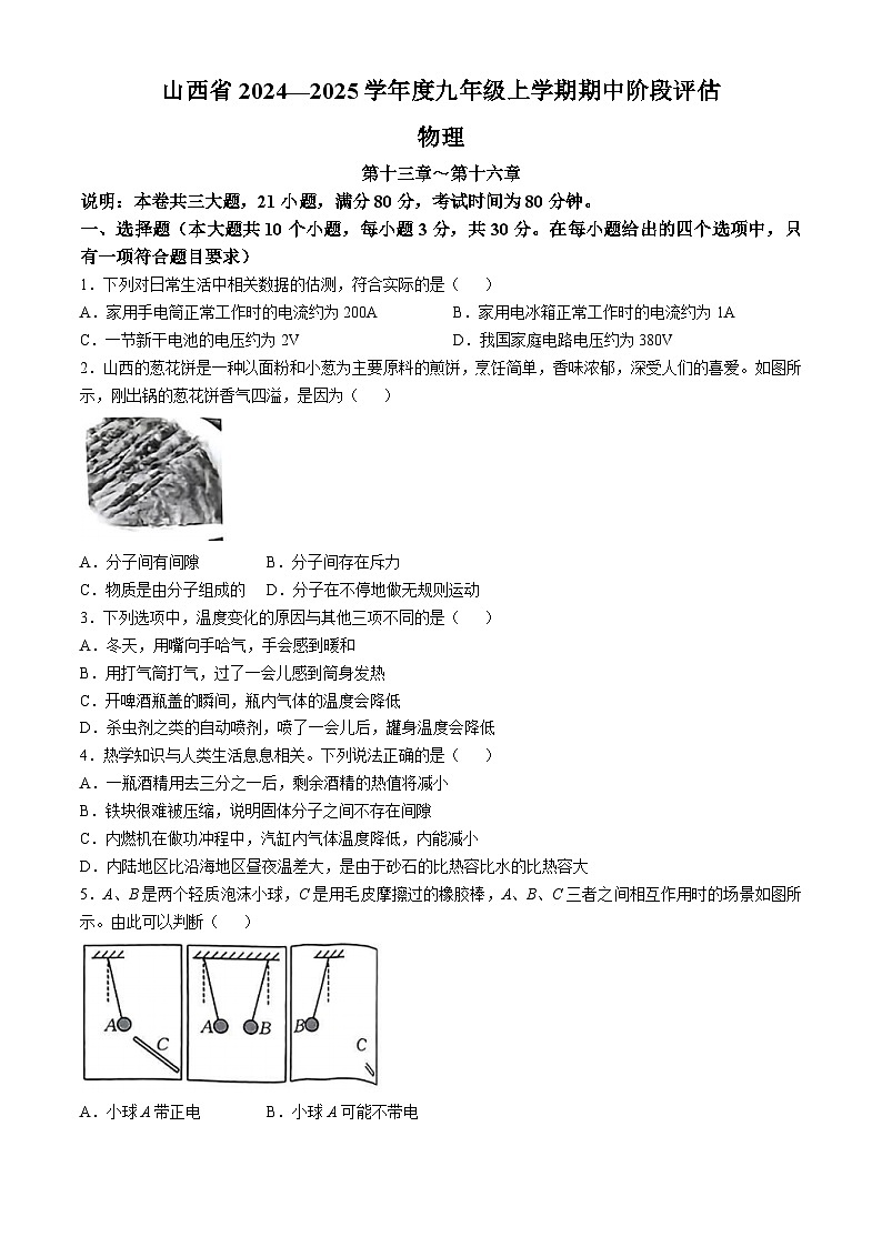 山西省原平市部分学校2024-2025学年九年级上学期期中考试物理试卷01