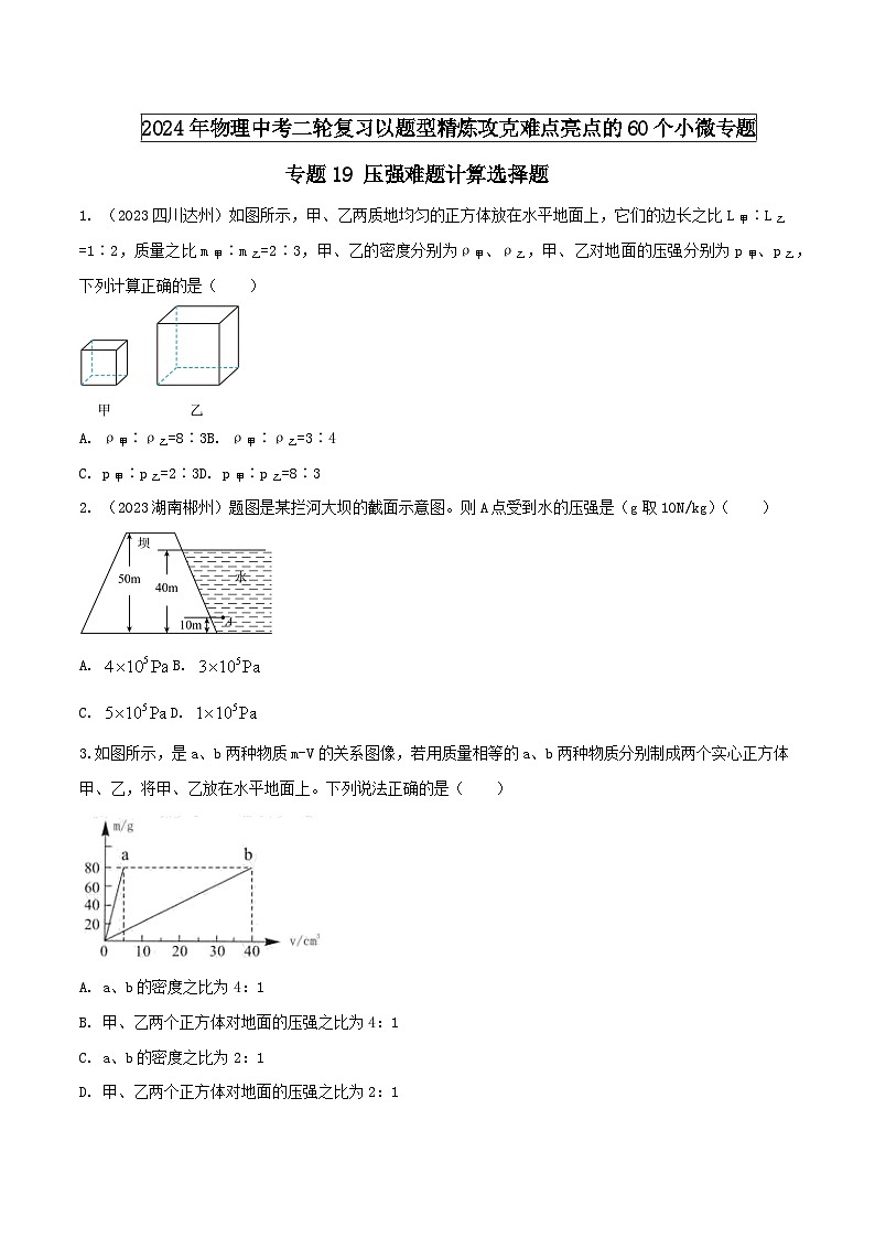 物理中考以题型精炼攻克难点亮点专题19压强难题计算选择题(原卷版+解析)第1页