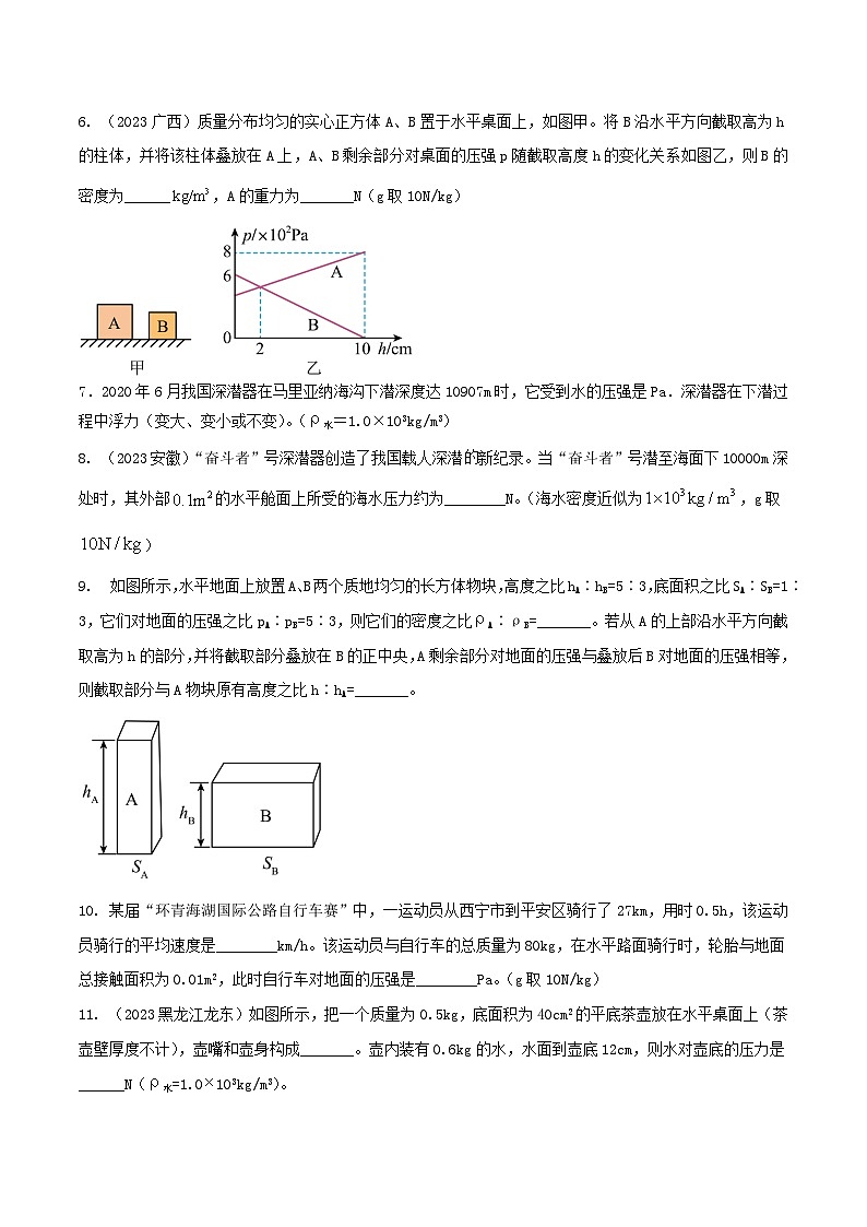 物理中考以題型精煉攻克難點(diǎn)亮點(diǎn)專(zhuān)題20壓強(qiáng)難題計(jì)算填空題(原卷版+解析)第2頁(yè)