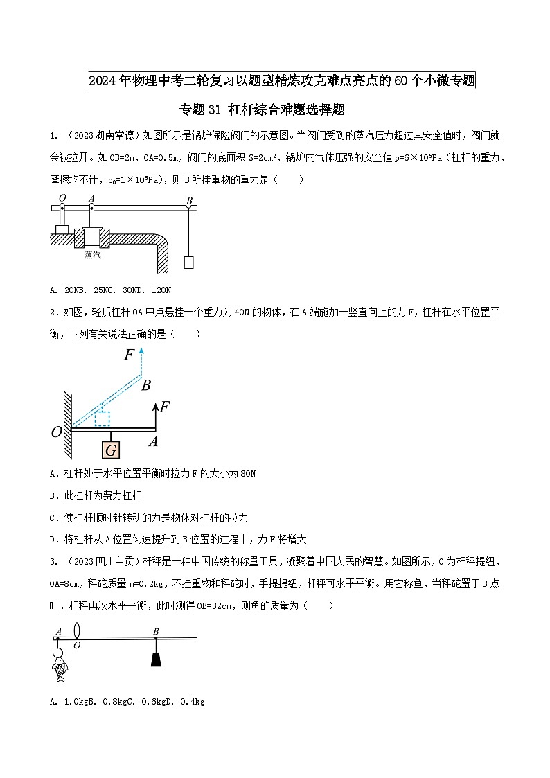 物理中考以题型精炼攻克难点亮点专题31杠杆综合难题选择题(原卷版+解析)第1页