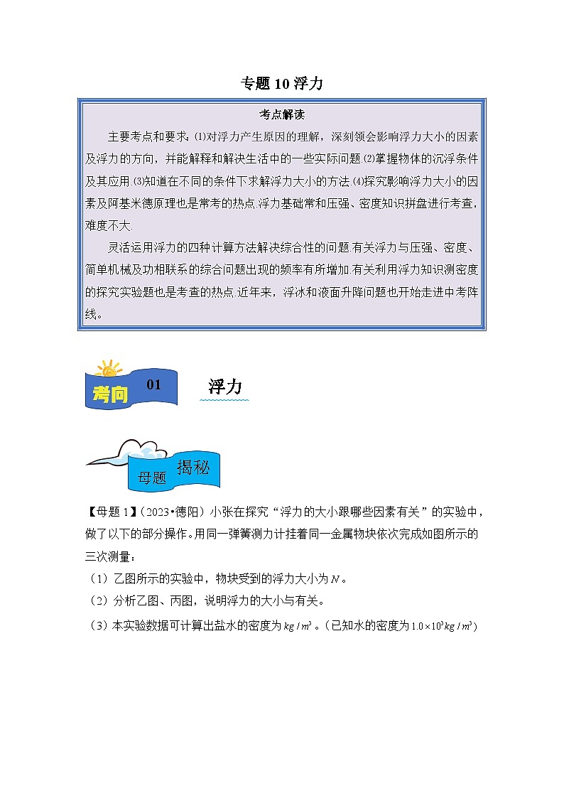 2024年中考物理母题解密专题10 浮力讲义(附答案)第1页