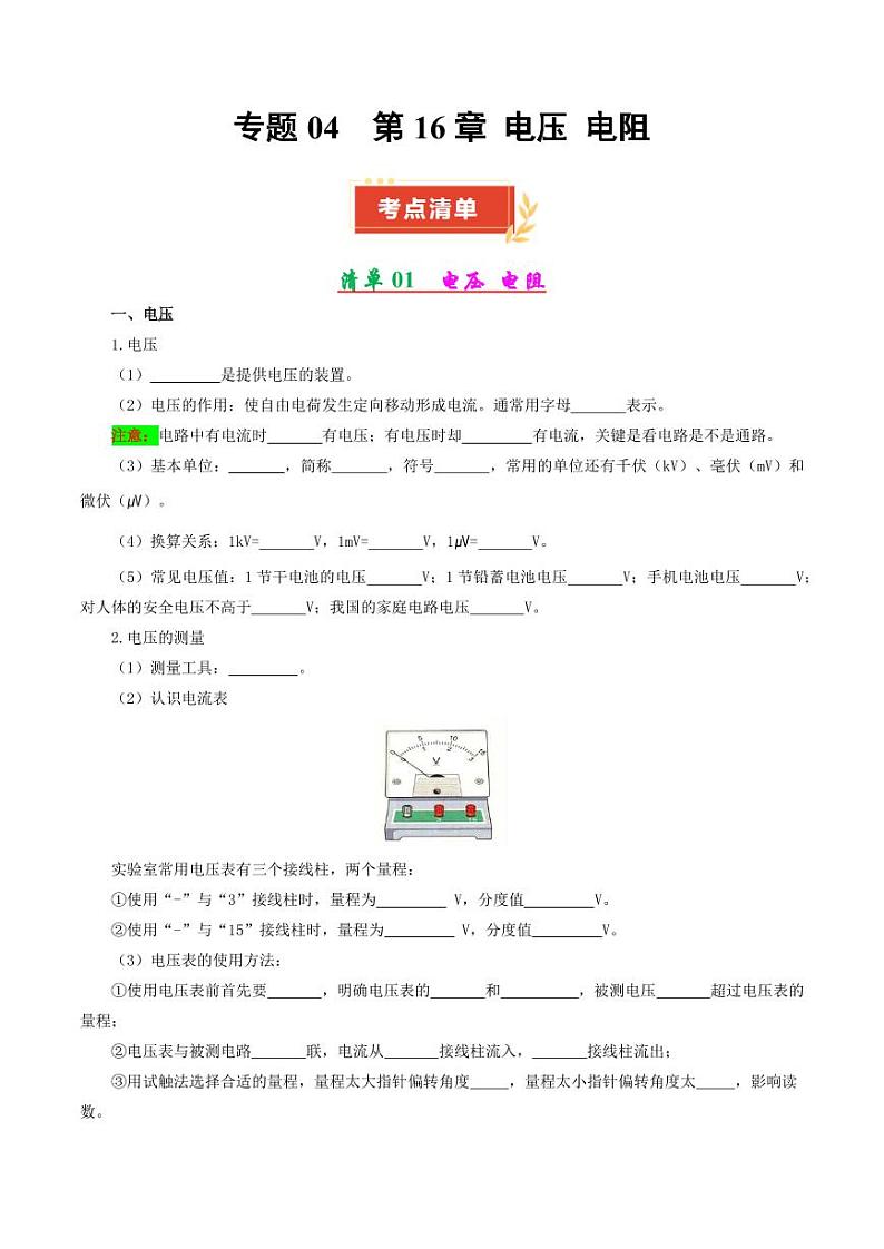 专题04 第16章 电压 电阻【考点清单】(原卷版)第1页