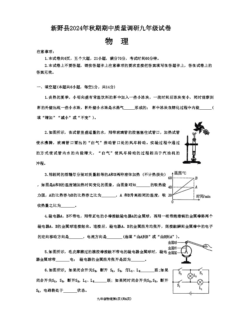 河南省南阳市新野县 2024 年秋期期中质量调研九年级物理试卷第1页