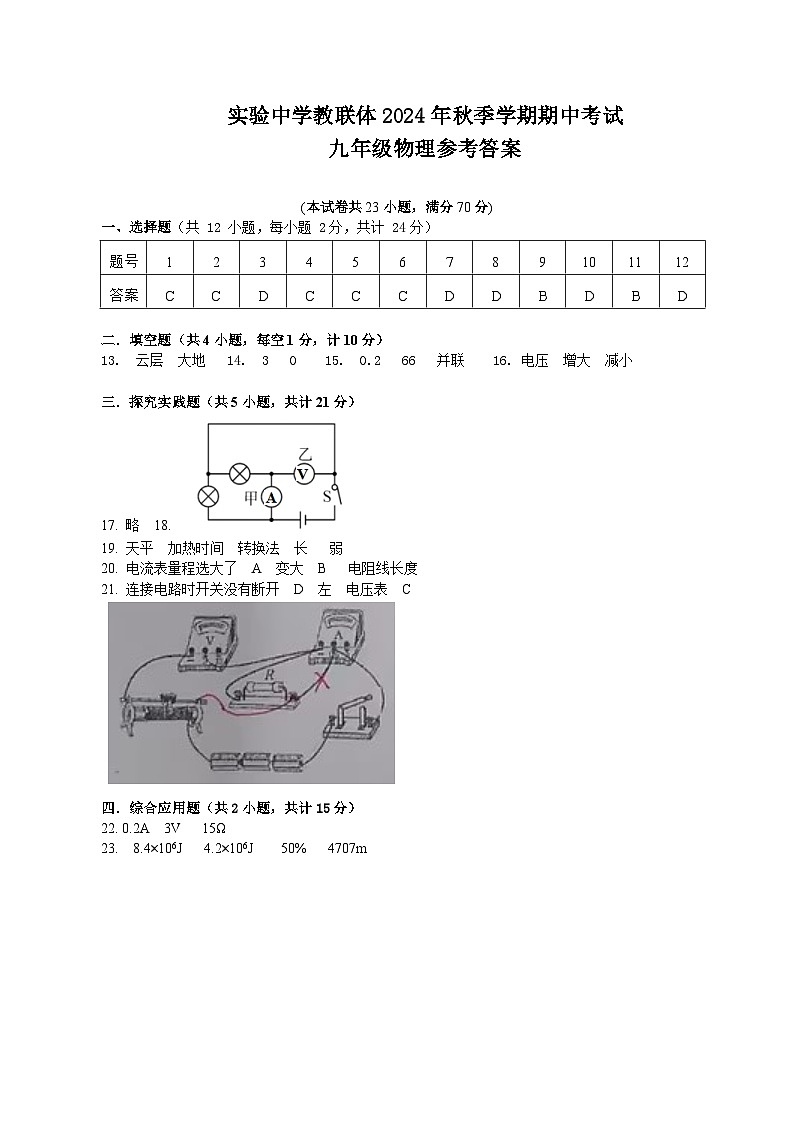 2024秋湖北省当阳市实验初级中学期中质量监测九年级物理(答案)人教版第1页