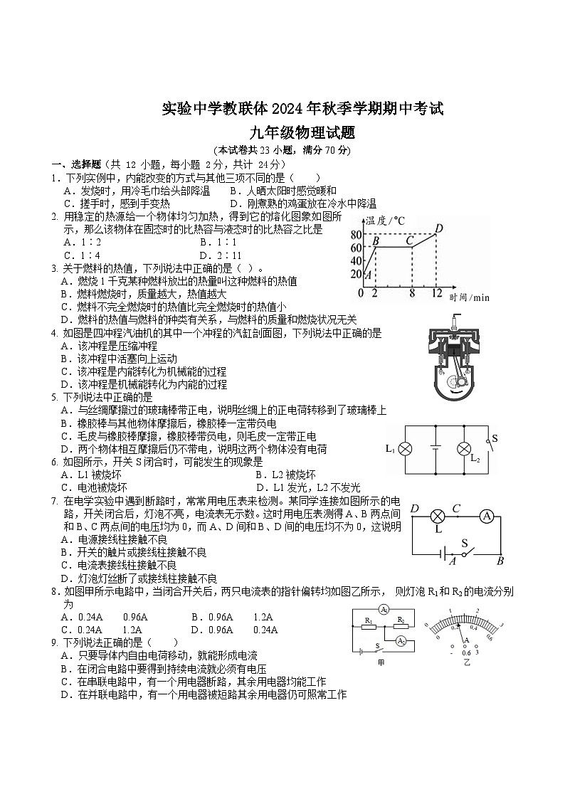 2024秋湖北省当阳市实验初级中学期中质量监测九年级物理试题人教版第1页
