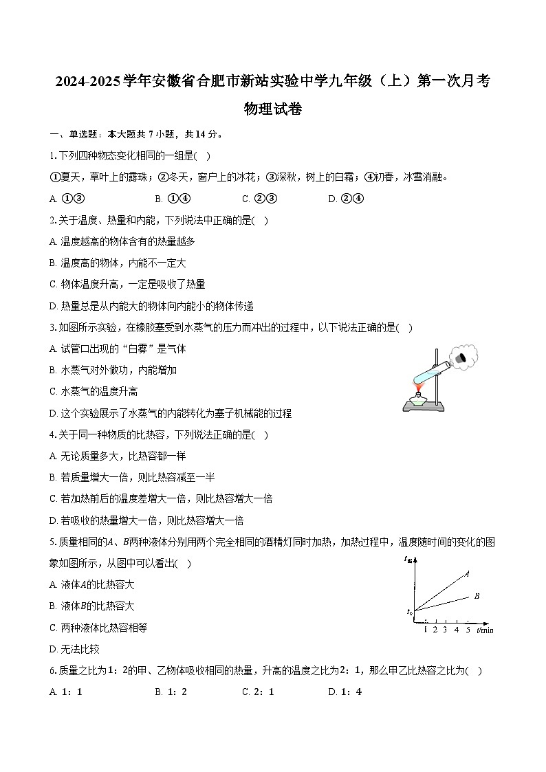 2024-2025学年安徽省合肥市新站实验中学九年级(上)第一次月考物理试卷(含答案)第1页