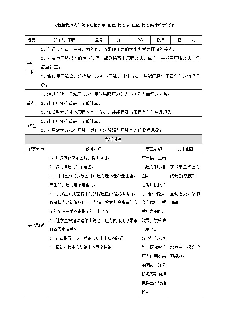 人教版物理八年級下冊第九章 壓強(qiáng) 第1節(jié) 壓強(qiáng) 第1課時教學(xué)設(shè)計第1頁
